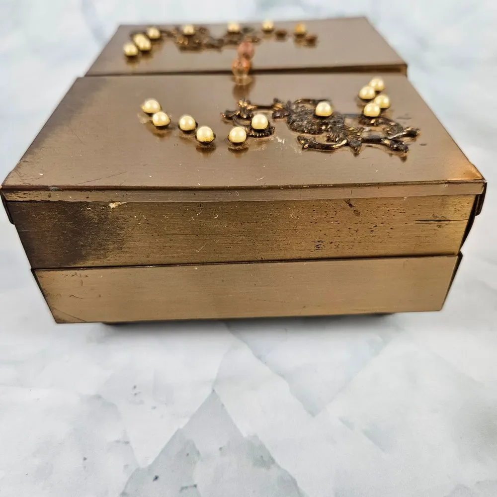 Vintage‎ metal trinket jewelry box velvet lined pearl inlay art deco accordion